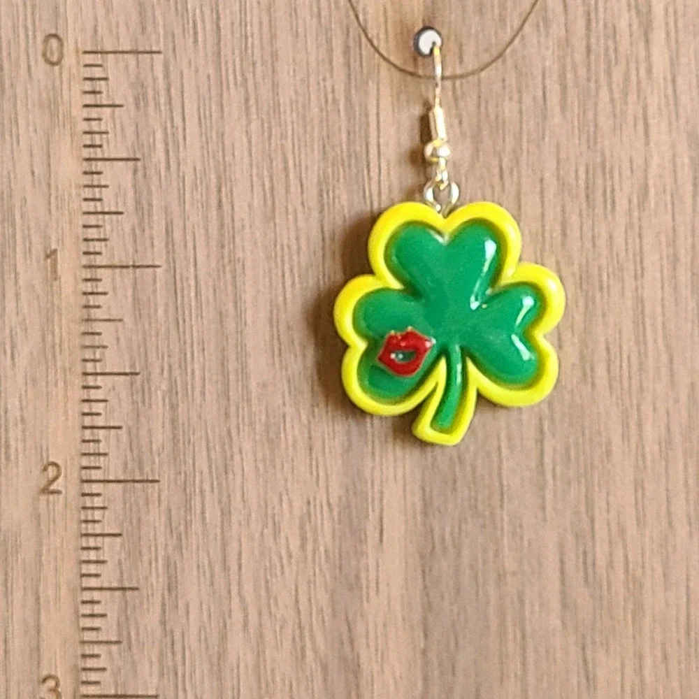 Green Shamrock Clover Dangle Earrings with Red‎ Lips St Patricks Day Jewelry
